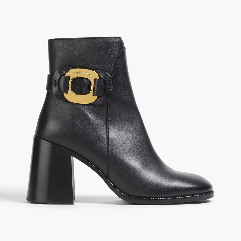 SEE BY CHLOE Chany Gold Buckle Black Leather Heeled Ankle Boots Booties Shoes